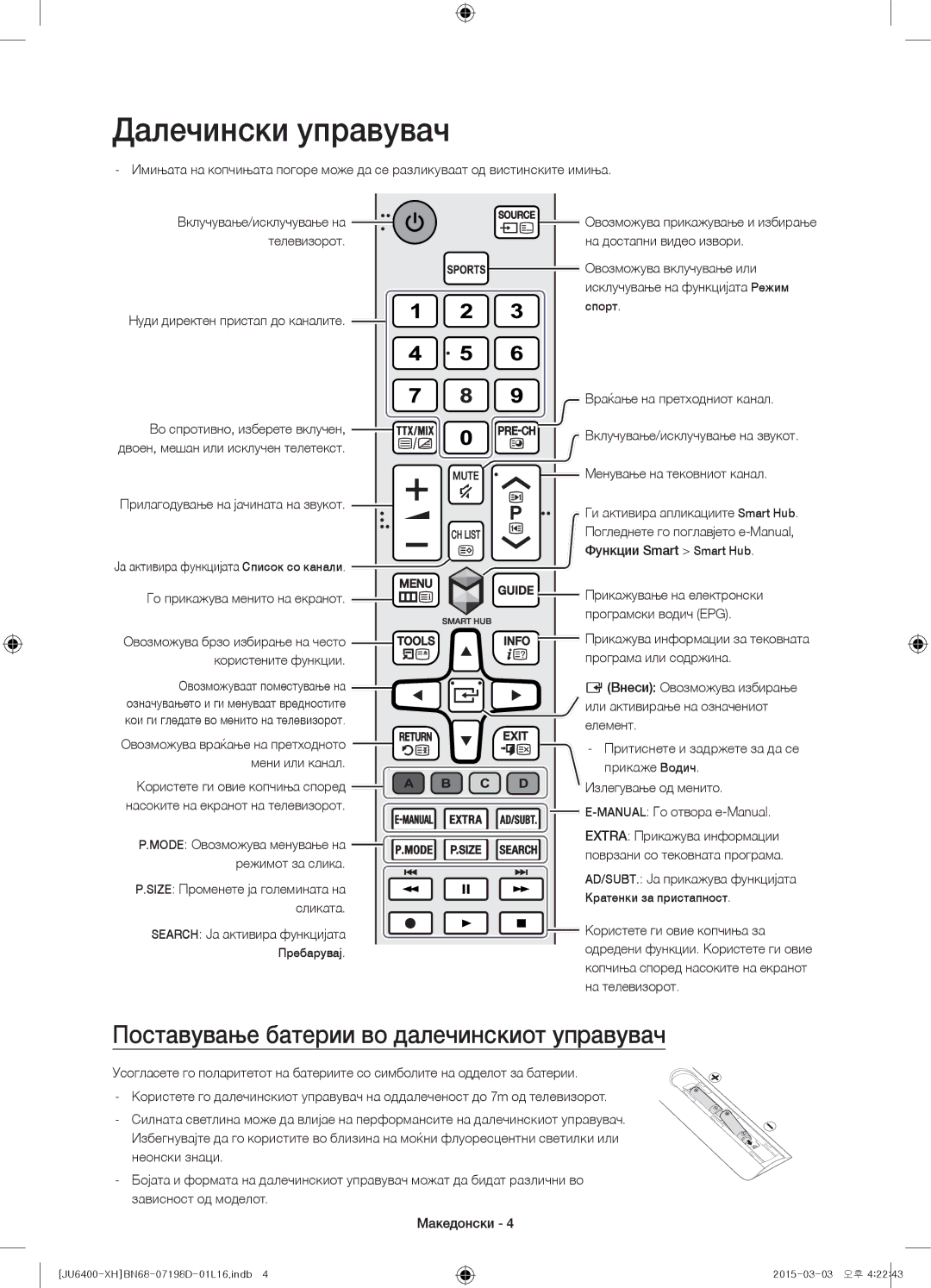 Samsung UE55JU6472UXXH, UE55JU6400WXXH, UE48JU6440WXXH Далечински управувач, Поставување батерии во далечинскиот управувач 