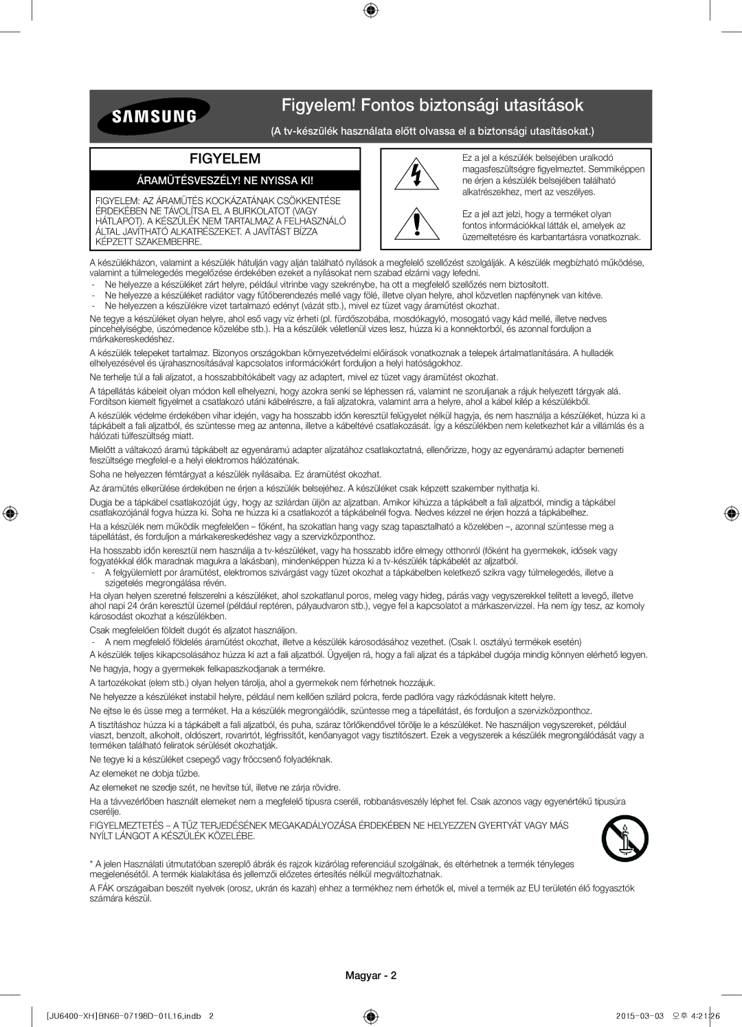 Samsung UE60JU6400WXXH, UE55JU6400WXXH, UE48JU6440WXXH, UE48JU6400WXXH manual Figyelem! Fontos biztonsági utasítások, Magyar 