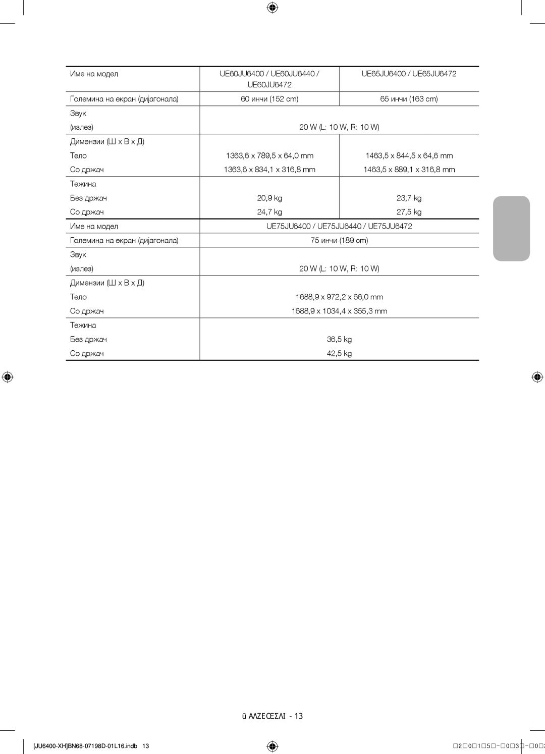 Samsung UE40JU6440WXXH, UE55JU6400WXXH, UE48JU6440WXXH, UE48JU6400WXXH, UE40JU6400WXXH manual 60 инчи 152 cm 65 инчи 163 cm 