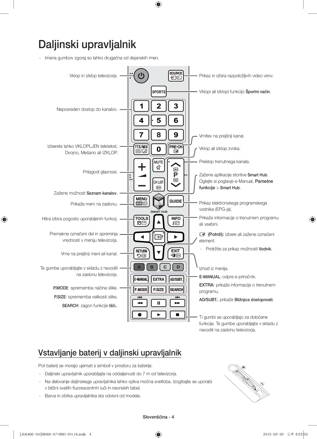 Samsung UE40JU6440WXXN, UE55JU6400WXXH, UE48JU6440WXXH Daljinski upravljalnik, Vstavljanje baterij v daljinski upravljalnik 