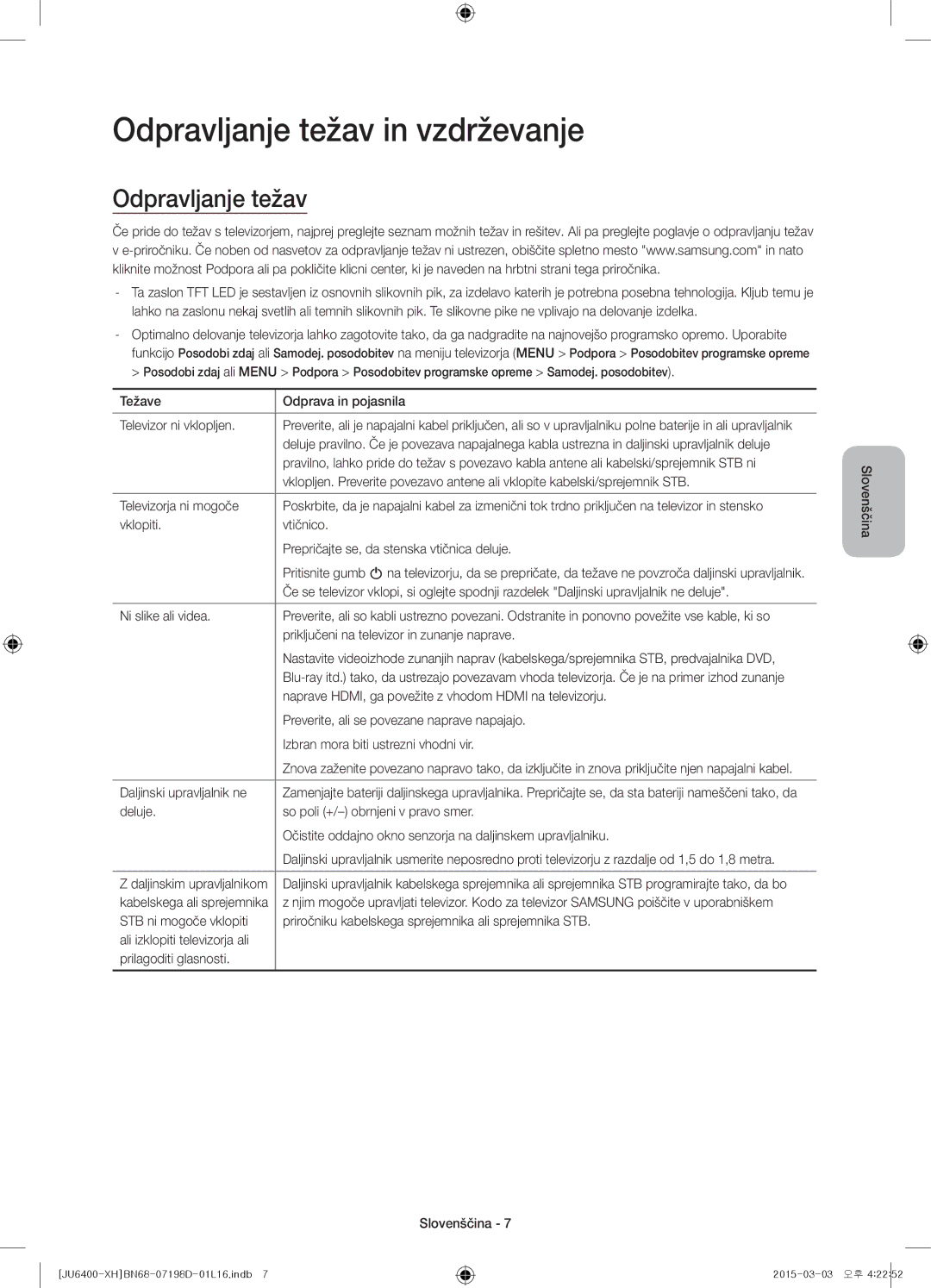 Samsung UE48JU6440WXXH, UE55JU6400WXXH, UE48JU6400WXXH, UE40JU6400WXXH, UE48JU6440WXXN manual Odpravljanje težav in vzdrževanje 