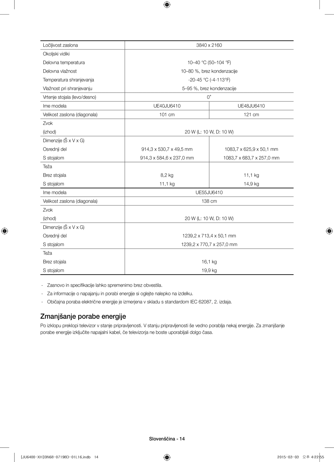 Samsung UE50JU6472UXXH, UE55JU6400WXXH, UE48JU6440WXXH, UE48JU6400WXXH, UE40JU6400WXXH manual Zmanjšanje porabe energije 