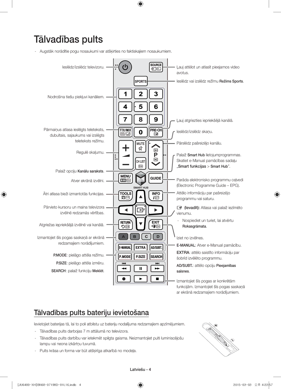 Samsung UE40JU6472UXXH, UE55JU6400WXXH, UE48JU6440WXXH, UE48JU6400WXXH manual Tālvadības pults bateriju ievietošana 