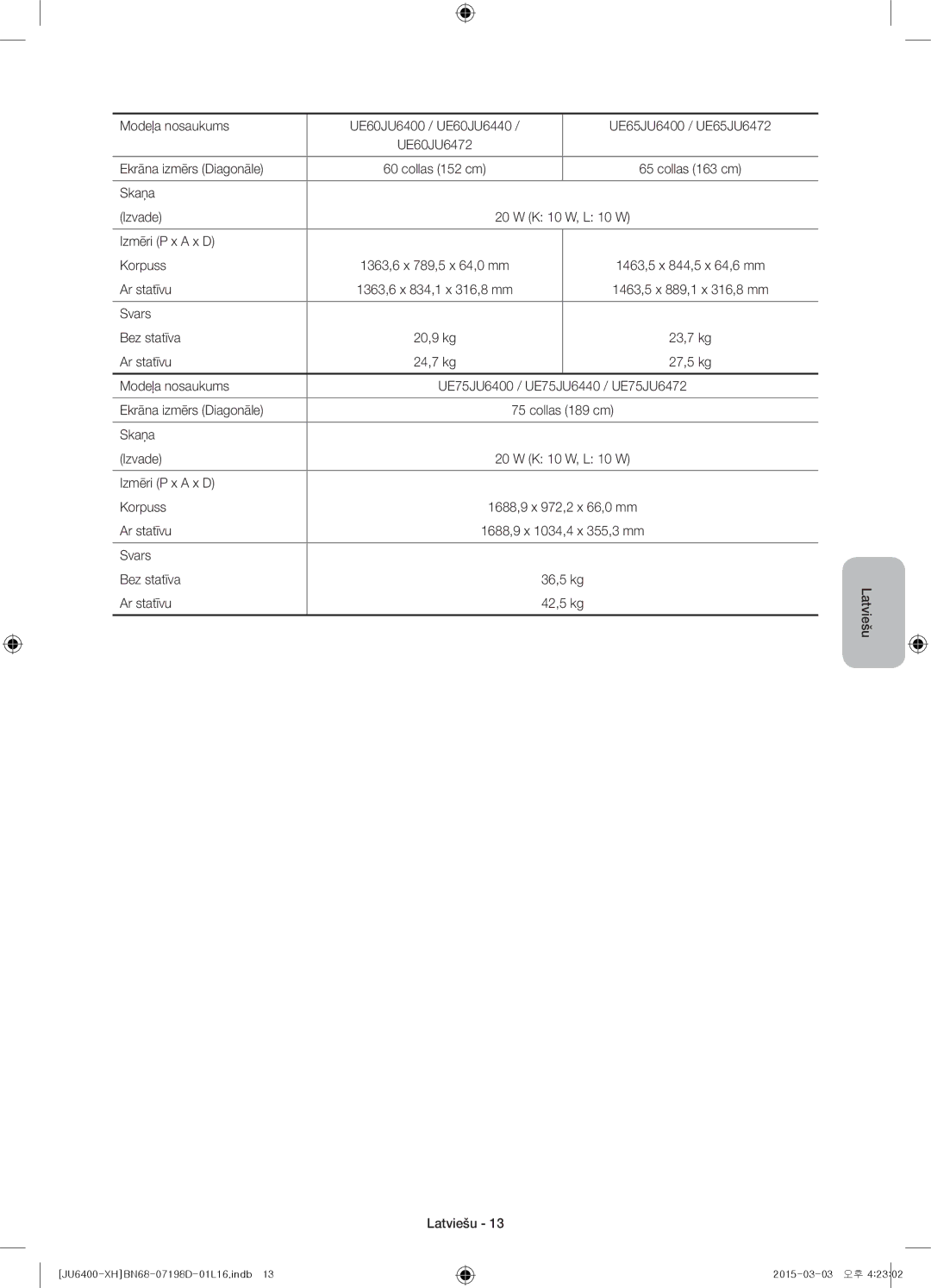 Samsung UE55JU6410SXXH, UE55JU6400WXXH, UE48JU6440WXXH, UE48JU6400WXXH, UE40JU6400WXXH manual Collas 152 cm Collas 163 cm 