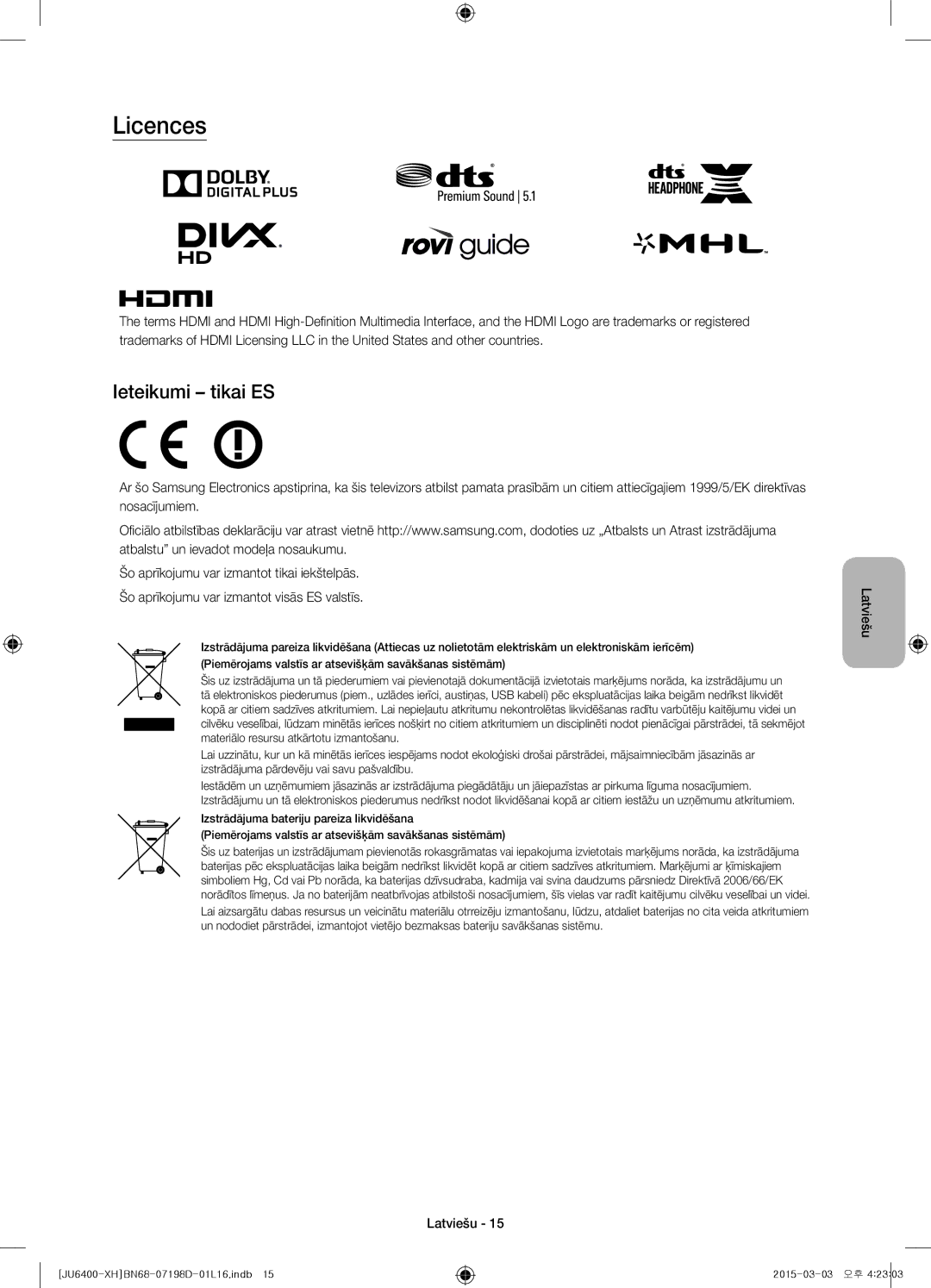 Samsung UE55JU6412UXXH, UE55JU6400WXXH, UE48JU6440WXXH, UE48JU6400WXXH, UE40JU6400WXXH manual Licences, Ieteikumi tikai ES 