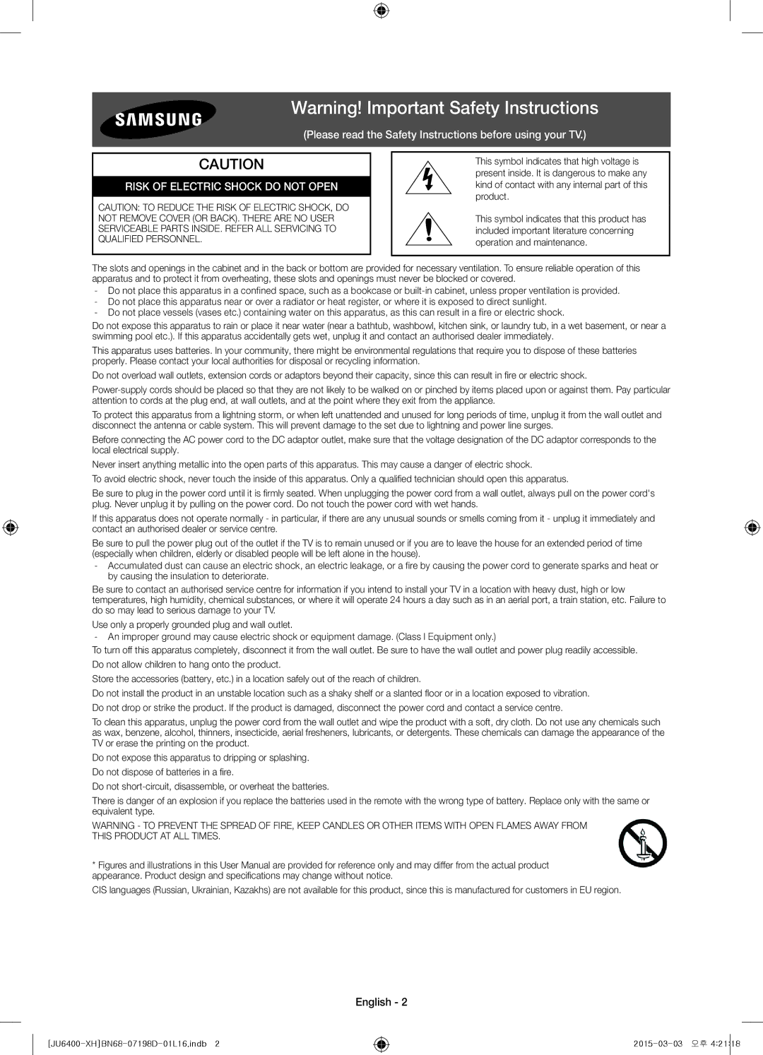 Samsung UE48JU6400WXXH, UE55JU6400WXXH, UE48JU6440WXXH, UE40JU6400WXXH manual Risk of Electric Shock do not Open, English 