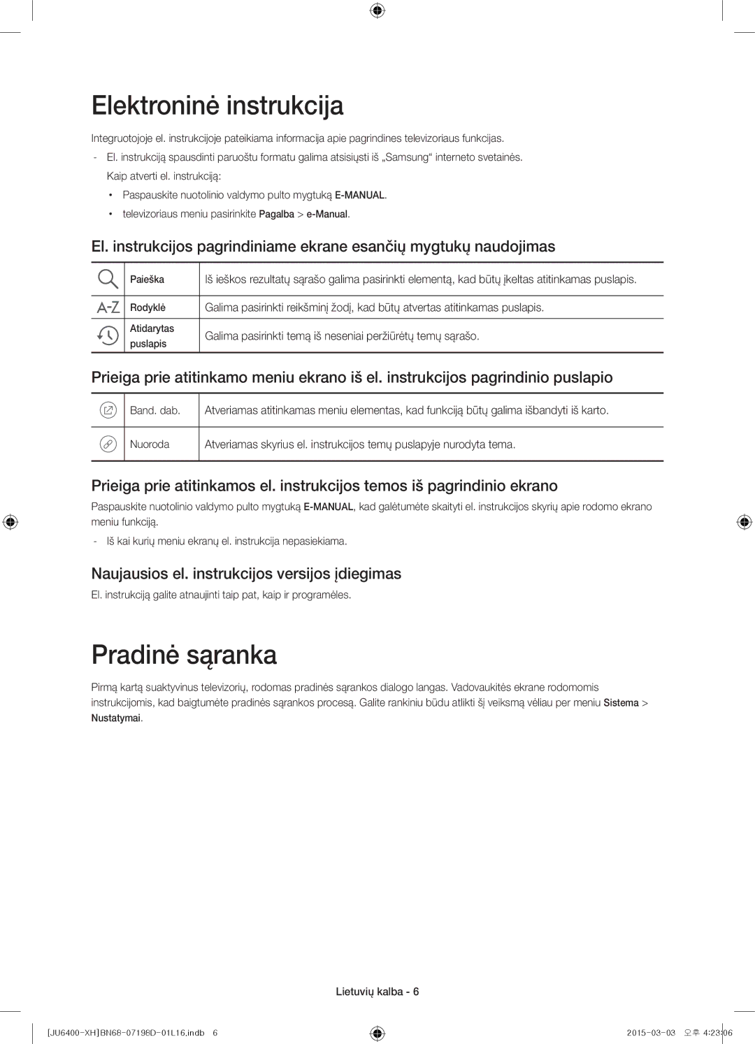 Samsung UE48JU6410SXXN manual Elektroninė instrukcija, Pradinė sąranka, Naujausios el. instrukcijos versijos įdiegimas 