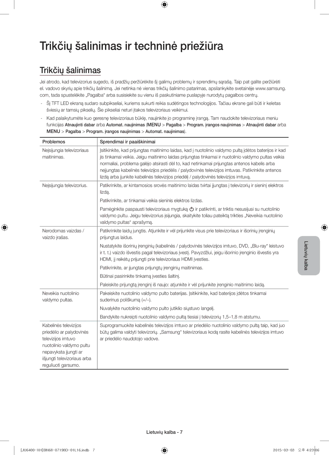 Samsung UE55JU6400WXXH, UE48JU6440WXXH, UE48JU6400WXXH, UE40JU6400WXXH manual Trikčių šalinimas ir techninė priežiūra 