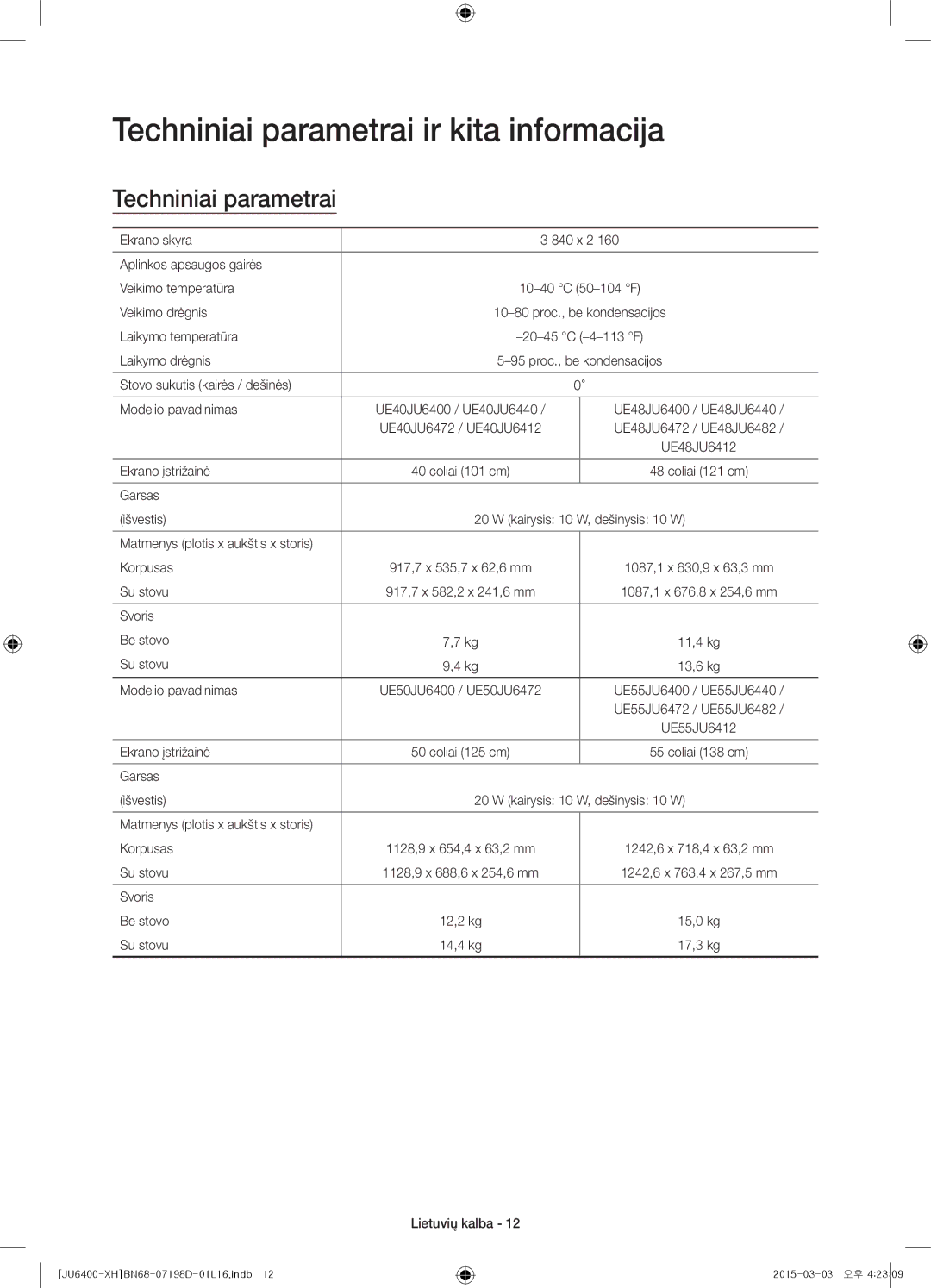 Samsung UE40JU6410SXXN, UE55JU6400WXXH, UE48JU6440WXXH, UE48JU6400WXXH manual Techniniai parametrai ir kita informacija 