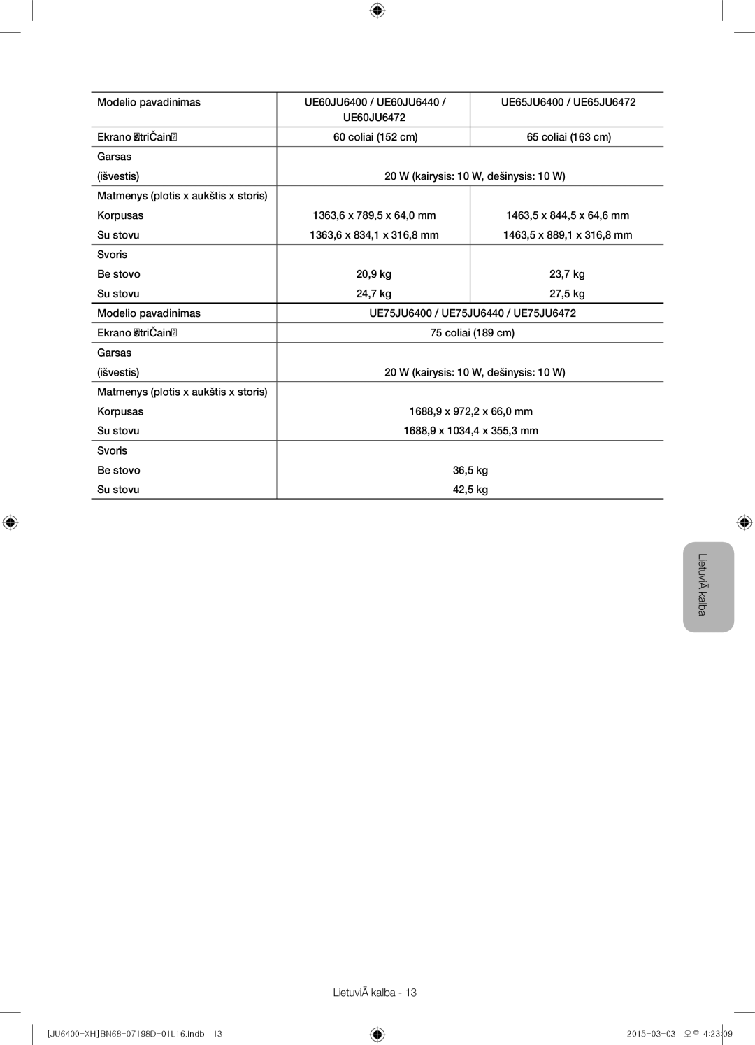 Samsung UE55JU6440WXXH, UE55JU6400WXXH, UE48JU6440WXXH, UE48JU6400WXXH, UE40JU6400WXXH manual Coliai 152 cm Coliai 163 cm 