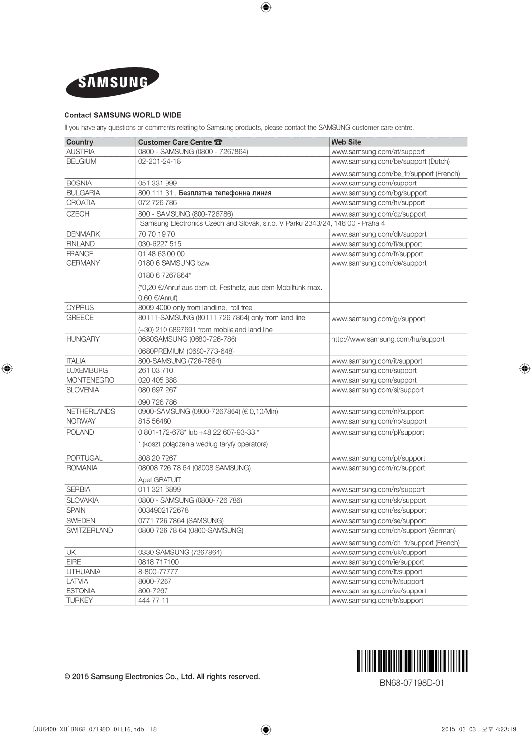 Samsung UE55JU6440WXXN, UE55JU6400WXXH, UE48JU6440WXXH, UE48JU6400WXXH manual BN68-07198D-01, Contact Samsung World Wide 