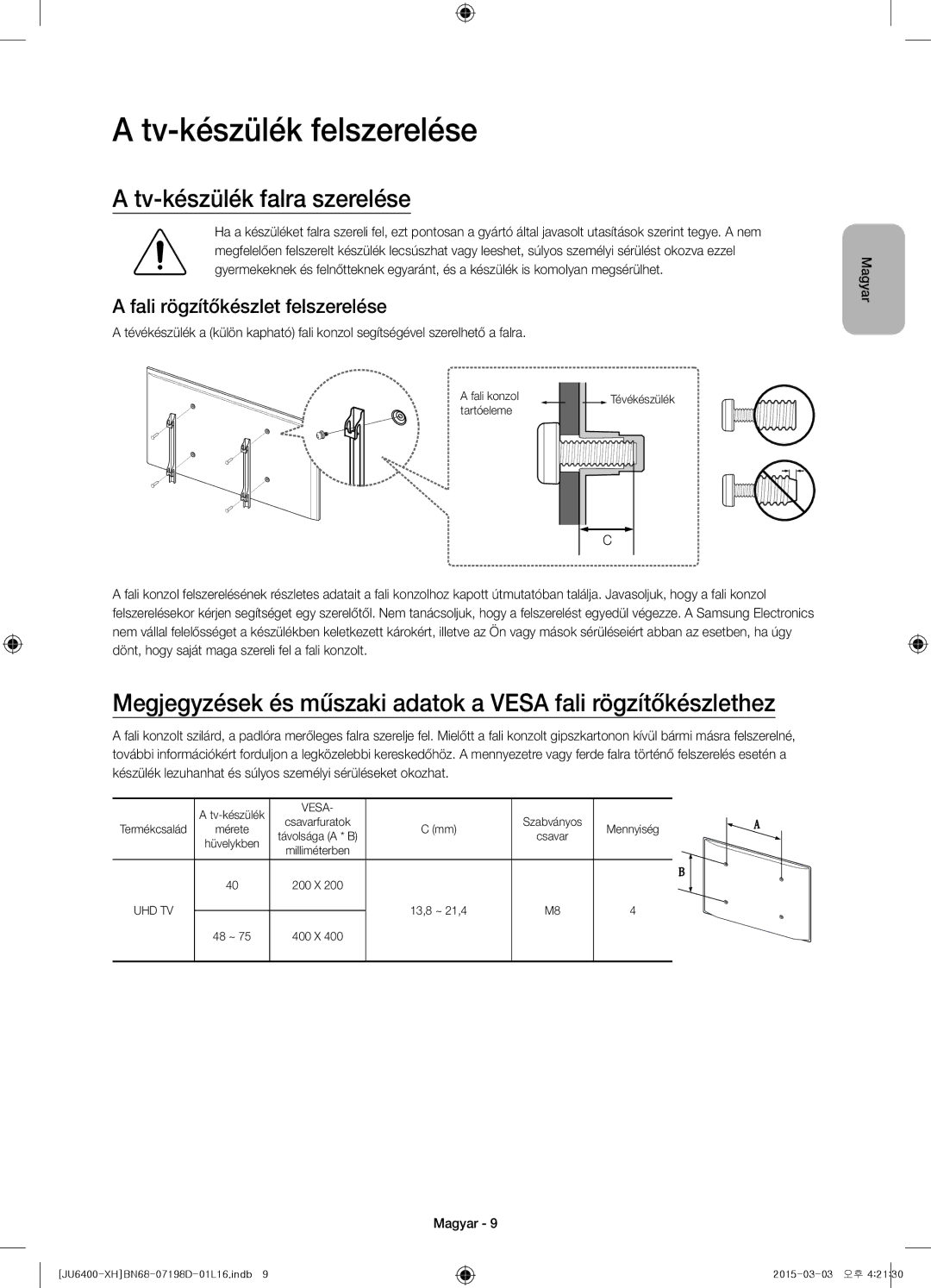 Samsung UE55JU6412UXXH manual Tv-készülék felszerelése, Tv-készülék falra szerelése, Fali rögzítőkészlet felszerelése 