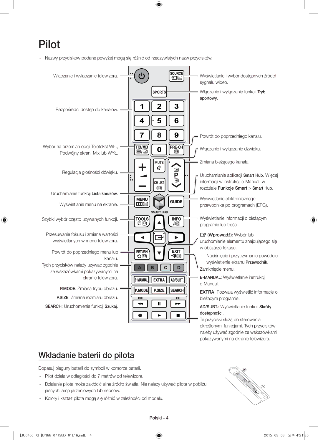 Samsung UE40JU6400WXXH, UE55JU6400WXXH, UE48JU6440WXXH, UE48JU6400WXXH, UE48JU6440WXXN Pilot, Wkładanie baterii do pilota 