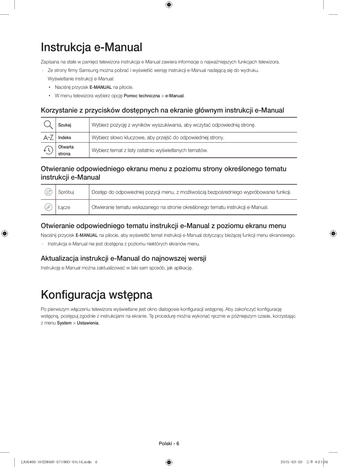 Samsung UE40JU6410SXXN Instrukcja e-Manual, Konfiguracja wstępna, Aktualizacja instrukcji e-Manual do najnowszej wersji 