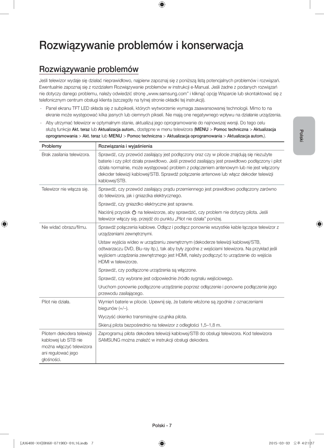 Samsung UE55JU6440WXXH, UE55JU6400WXXH, UE48JU6440WXXH, UE48JU6400WXXH, UE40JU6400WXXH Rozwiązywanie problemów i konserwacja 