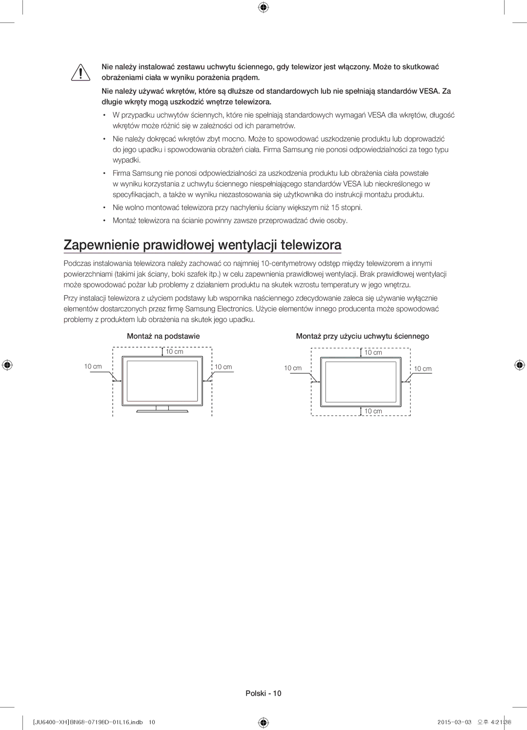 Samsung UE75JU6472UXXH, UE55JU6400WXXH, UE48JU6440WXXH, UE48JU6400WXXH manual Zapewnienie prawidłowej wentylacji telewizora 