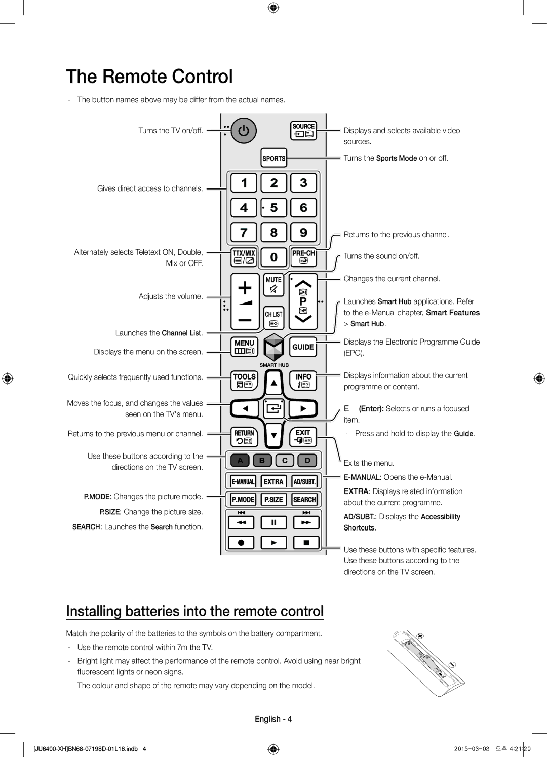 Samsung UE48JU6440WXXN, UE55JU6400WXXH, UE48JU6440WXXH manual Remote Control, Installing batteries into the remote control 