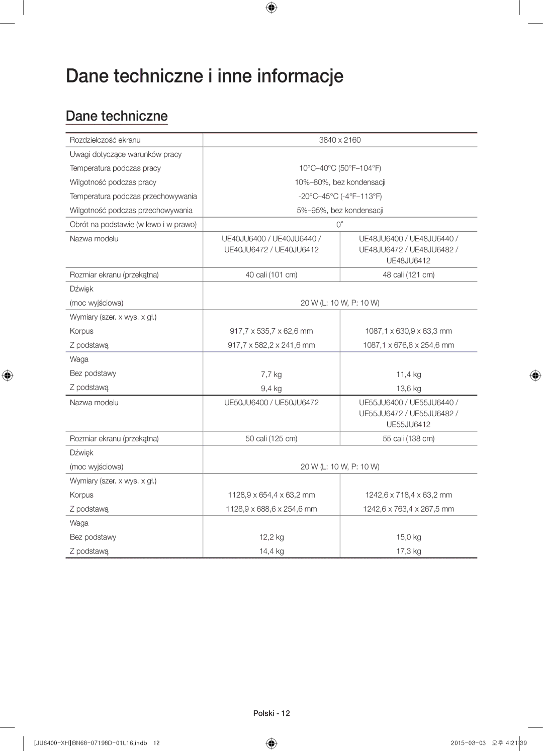 Samsung UE48JU6472UXXH, UE55JU6400WXXH, UE48JU6440WXXH, UE48JU6400WXXH, UE40JU6400WXXH manual Dane techniczne i inne informacje 