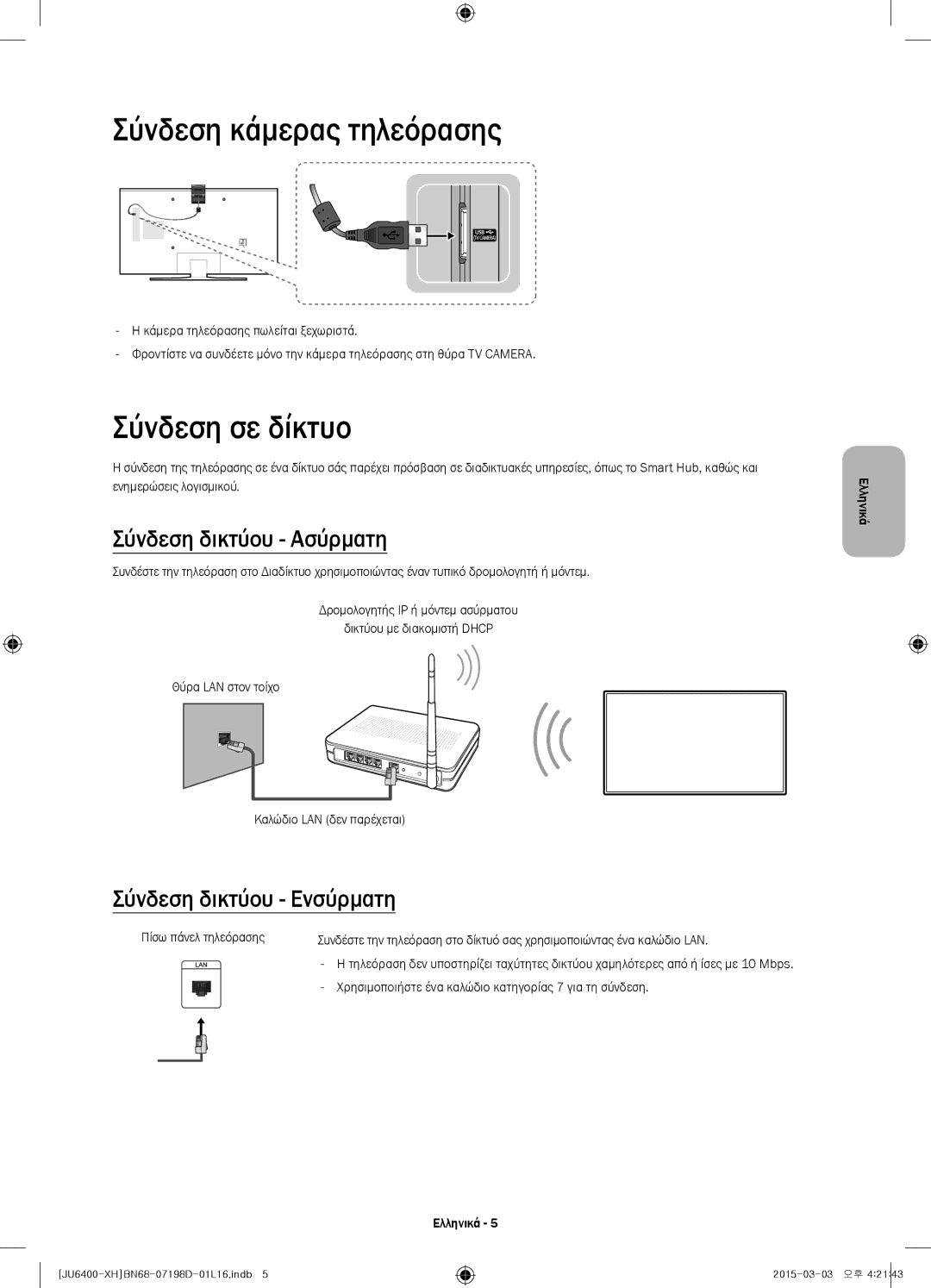 Samsung UE40JU6410SXXH Σύνδεση κάμερας τηλεόρασης, Σύνδεση σε δίκτυο, Σύνδεση δικτύου Ασύρματη, Σύνδεση δικτύου Ενσύρματη 