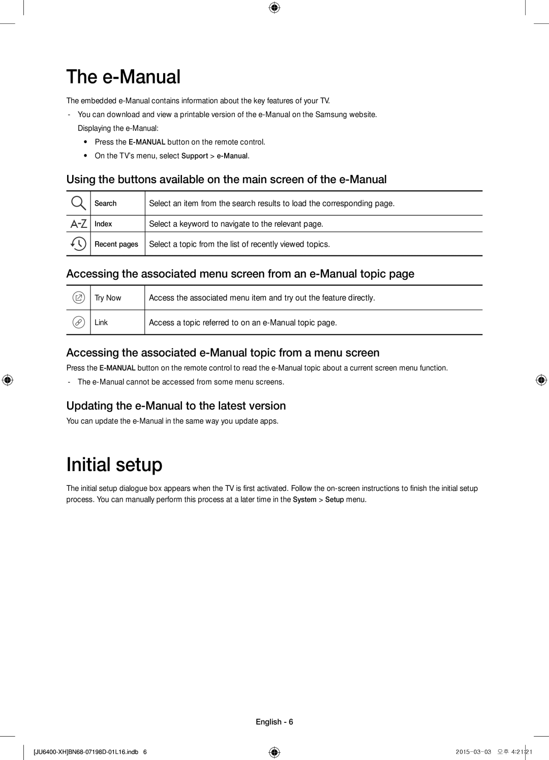 Samsung UE55JU6440WXXH manual E-Manual, Initial setup, Accessing the associated menu screen from an e-Manual topic 