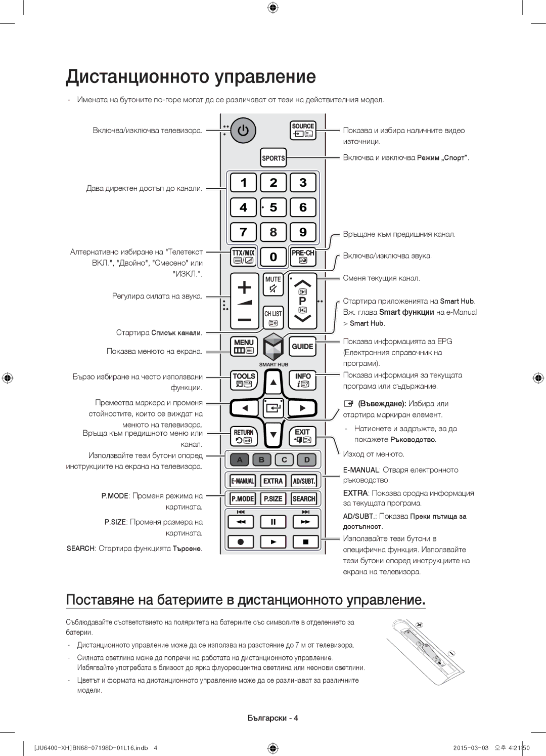 Samsung UE48JU6400WXXH, UE55JU6400WXXH manual Дистанционното управление, Поставяне на батериите в дистанционното управление 