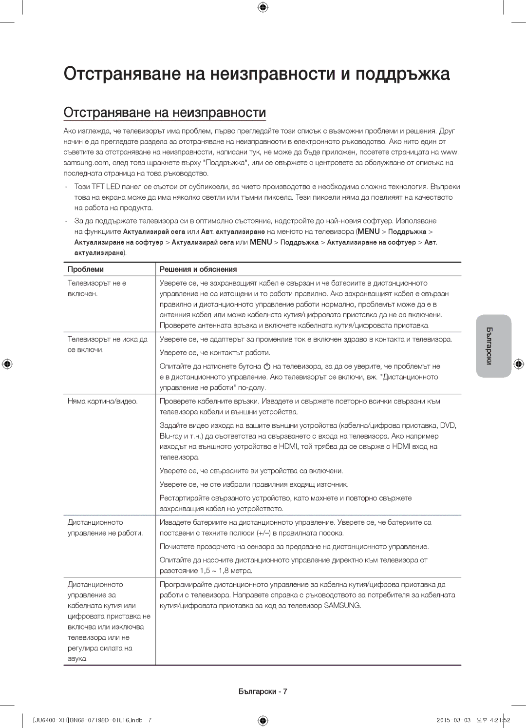 Samsung UE40JU6410SXXN, UE55JU6400WXXH, UE48JU6440WXXH, UE48JU6400WXXH manual Отстраняване на неизправности и поддръжка 