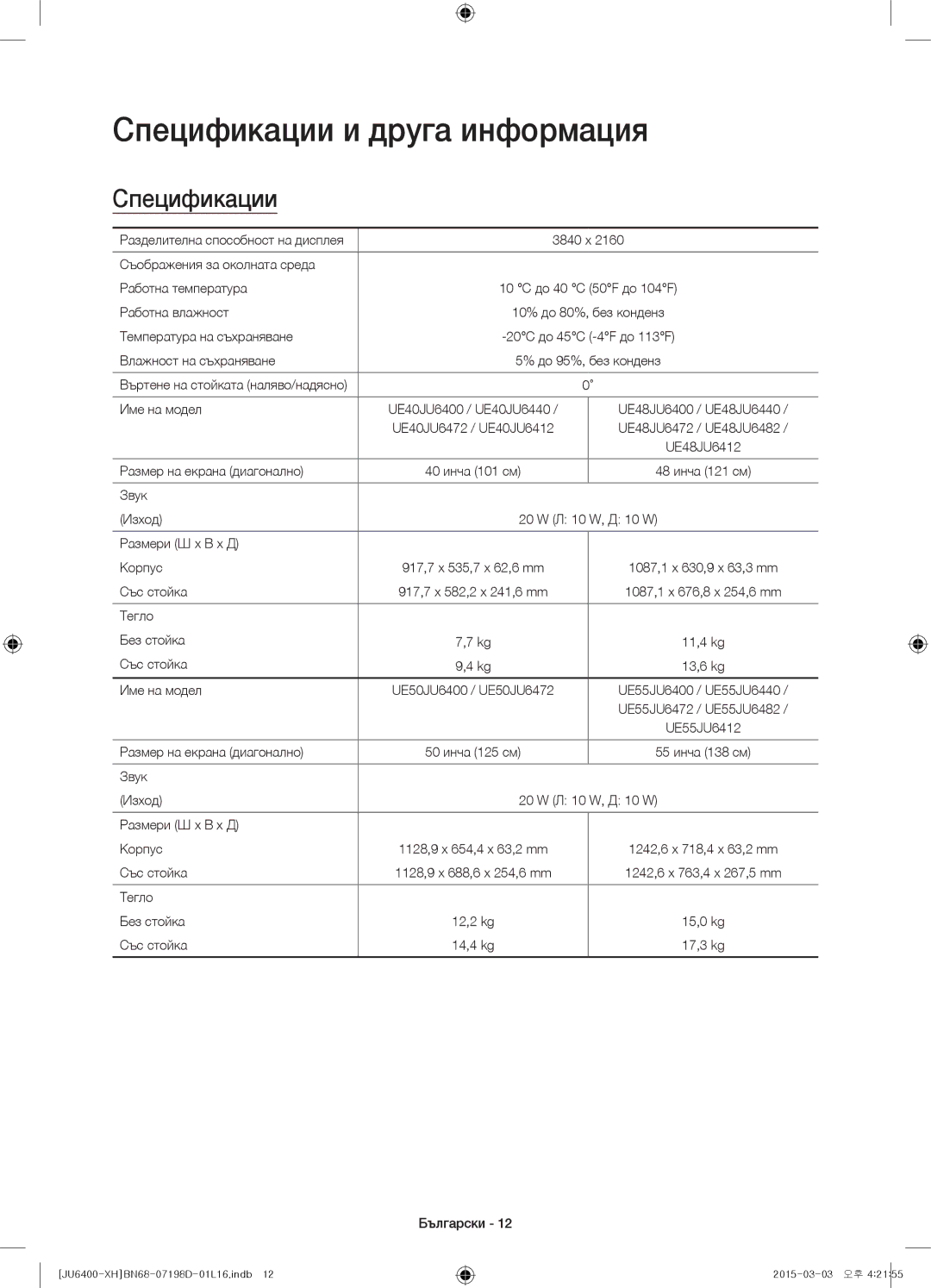 Samsung UE60JU6472UXXH, UE55JU6400WXXH, UE48JU6440WXXH, UE48JU6400WXXH, UE40JU6400WXXH manual Спецификации и друга информация 