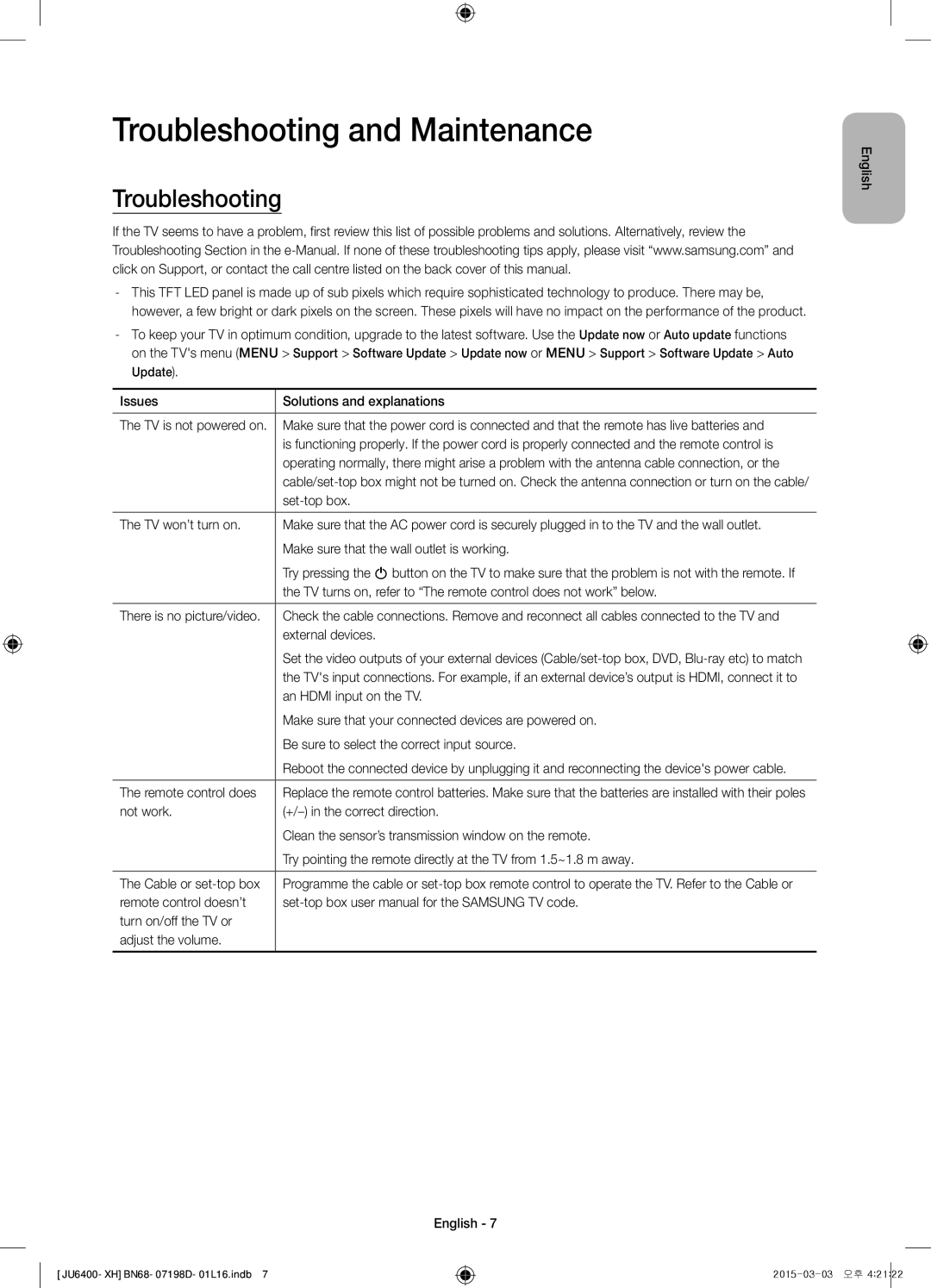 Samsung UE48JU6412UXXH, UE55JU6400WXXH, UE48JU6440WXXH, UE48JU6400WXXH, UE40JU6400WXXH manual Troubleshooting and Maintenance 