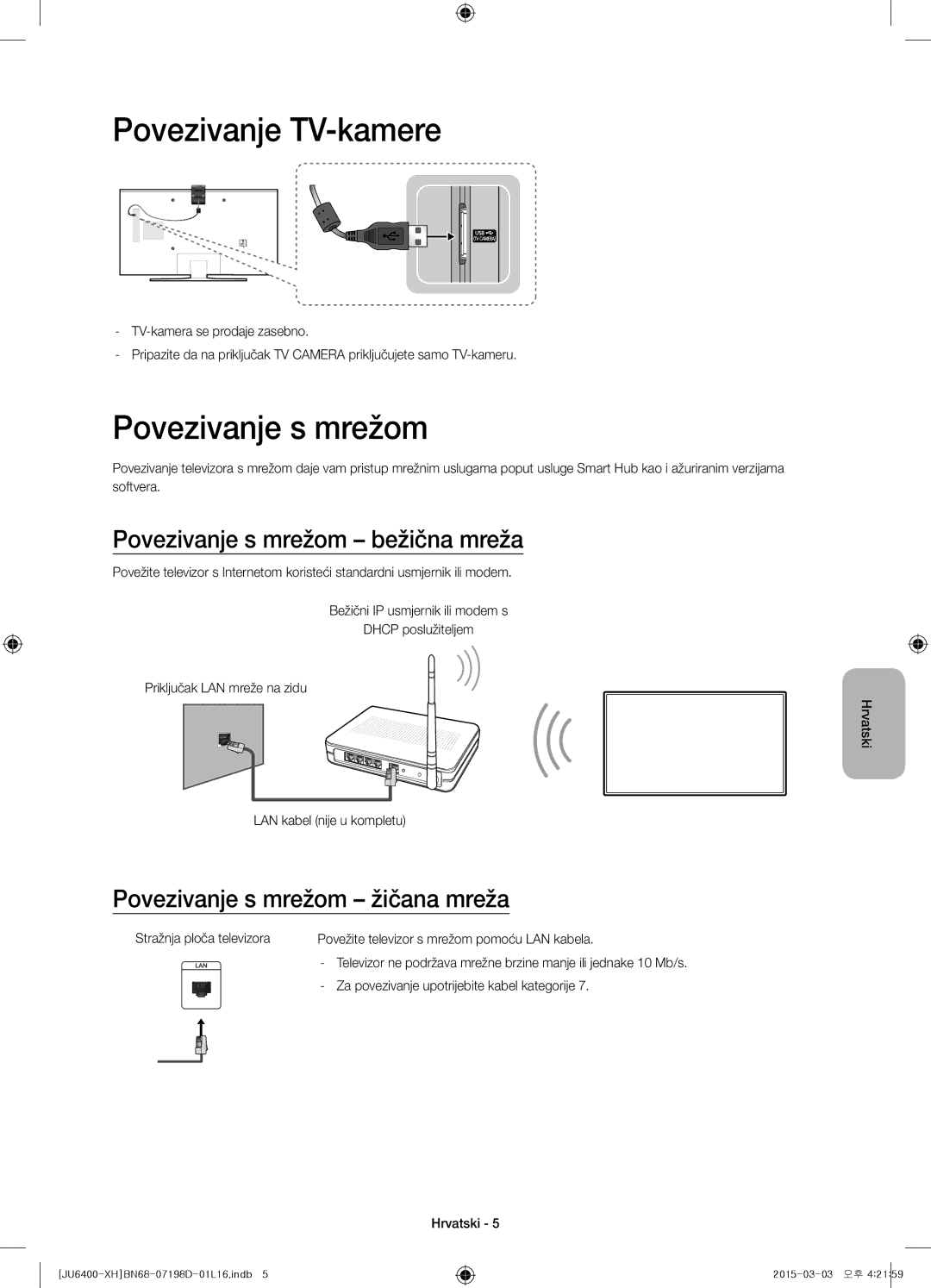 Samsung UE48JU6410SXXH Povezivanje TV-kamere, Povezivanje s mrežom bežična mreža, Povezivanje s mrežom žičana mreža 