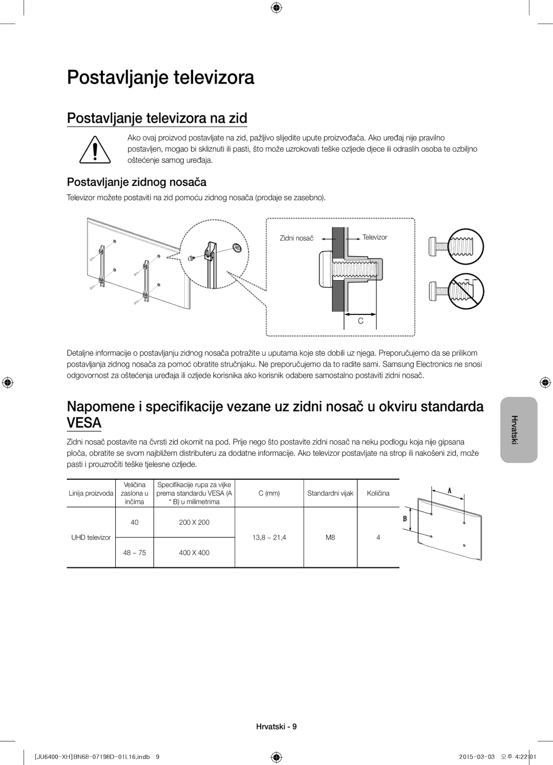 Samsung UE55JU6410SXXH, UE55JU6400WXXH, UE48JU6440WXXH manual Postavljanje televizora na zid, Postavljanje zidnog nosača 