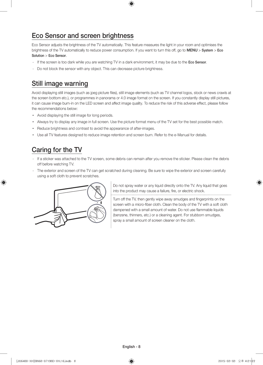 Samsung UE50JU6472UXXH, UE55JU6400WXXH manual Eco Sensor and screen brightness, Still image warning, Caring for the TV 