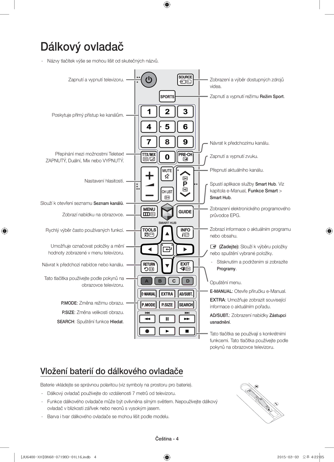 Samsung UE48JU6440WXXH, UE55JU6400WXXH, UE48JU6400WXXH manual Dálkový ovladač, Vložení baterií do dálkového ovladače 