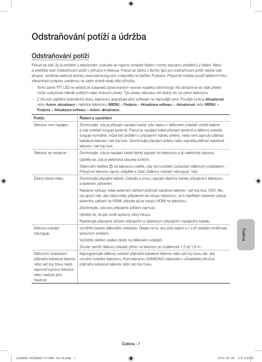 Samsung UE48JU6440WXXN, UE55JU6400WXXH, UE48JU6440WXXH, UE48JU6400WXXH, UE40JU6400WXXH manual Odstraňování potíží a údržba 