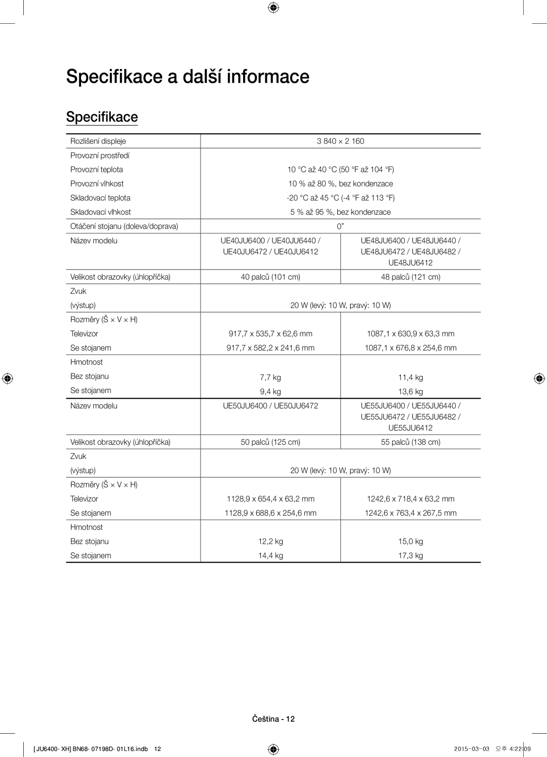 Samsung UE75JU6472UXXH, UE55JU6400WXXH, UE48JU6440WXXH, UE48JU6400WXXH, UE40JU6400WXXH manual Specifikace a další informace 