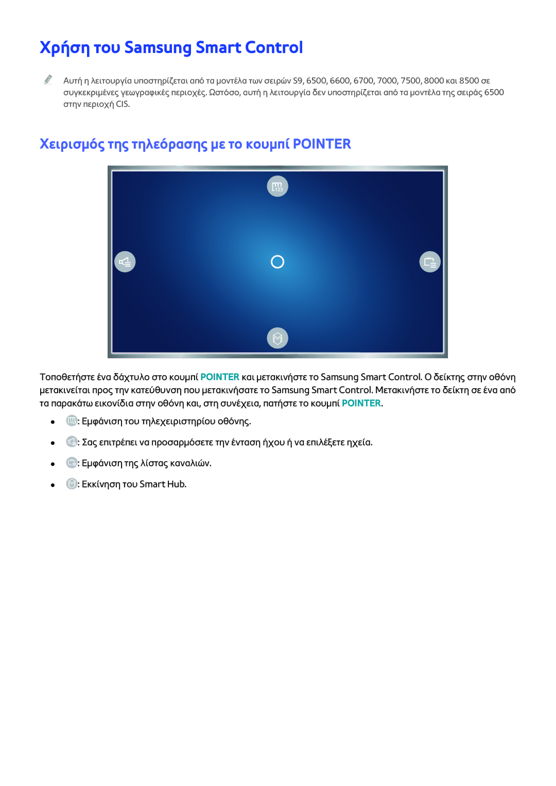 Samsung UE48JU7000LXXH, UE55JU6400WXXH manual Χρήση του Samsung Smart Control, Χειρισμός της τηλεόρασης με το κουμπί Pointer 