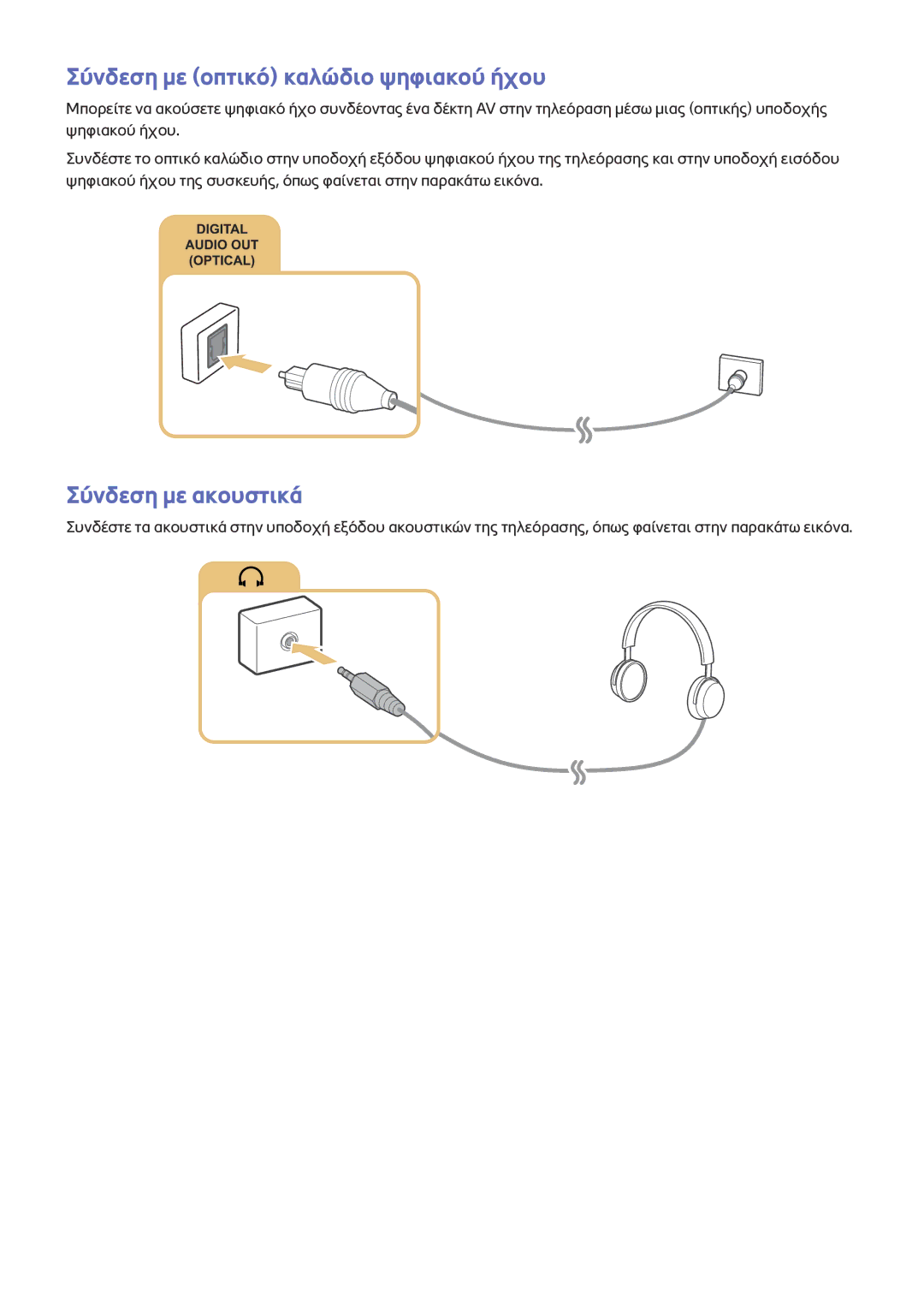 Samsung UE55JU6640SXXH, UE55JU6400WXXH, UE48JU7500LXXH manual Σύνδεση με οπτικό καλώδιο ψηφιακού ήχου, Σύνδεση με ακουστικά 