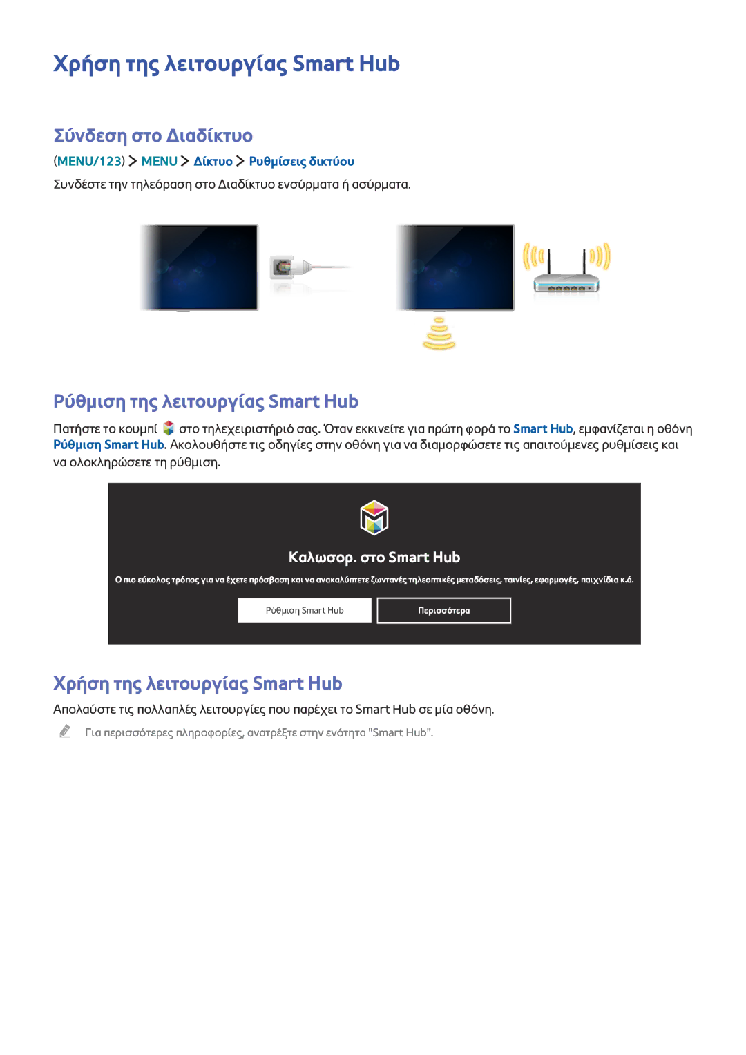 Samsung UE60JU6800WXXH manual Χρήση της λειτουργίας Smart Hub, Σύνδεση στο Διαδίκτυο, Ρύθμιση της λειτουργίας Smart Hub 
