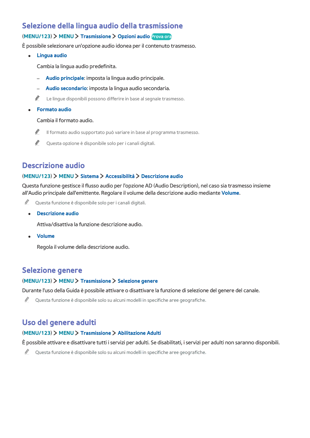 Samsung UE55J6300AWXXH manual Selezione della lingua audio della trasmissione, Descrizione audio, Selezione genere 