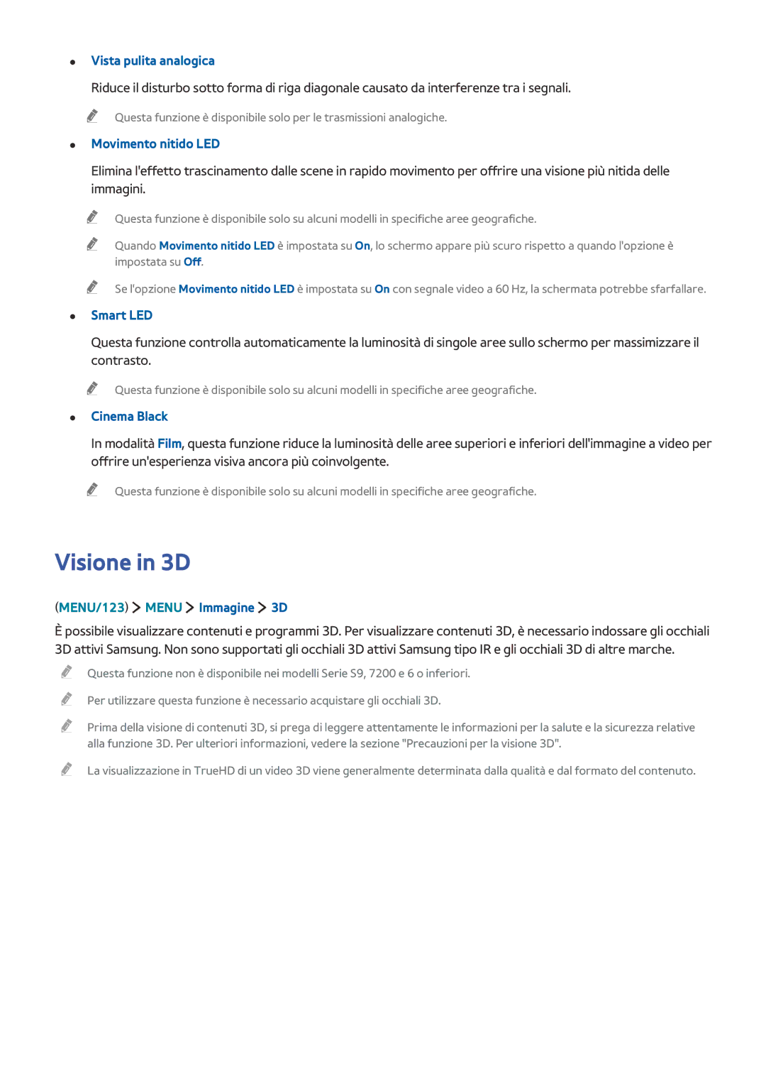 Samsung UE75JU7000TXZT manual Visione in 3D, Vista pulita analogica, Movimento nitido LED, Smart LED, Cinema Black 
