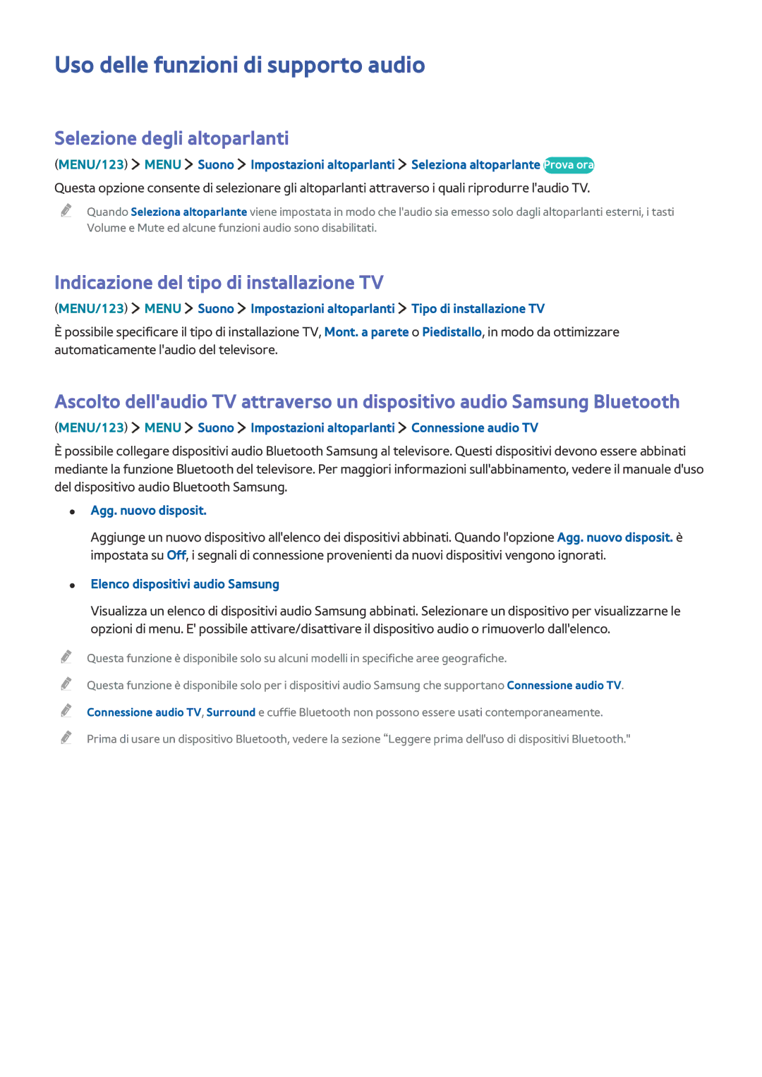 Samsung UE40JU6410UXZT manual Uso delle funzioni di supporto audio, Selezione degli altoparlanti, Agg. nuovo disposit 