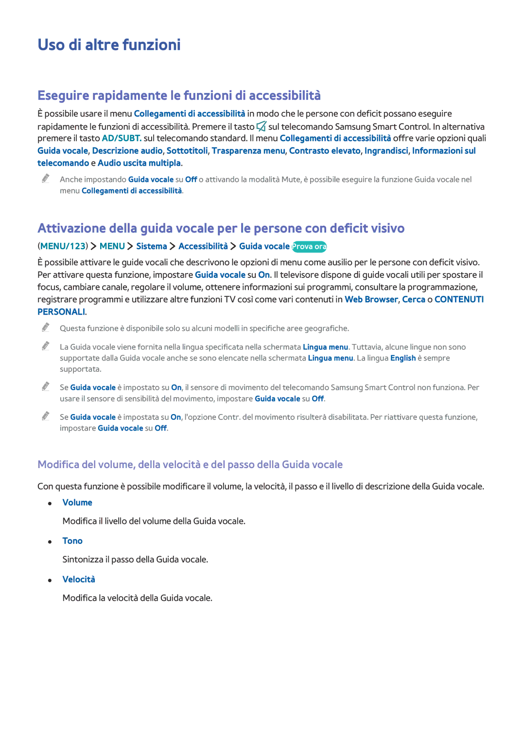 Samsung UE40JU6500KXZT manual Uso di altre funzioni, Eseguire rapidamente le funzioni di accessibilità, Tono, Velocità 