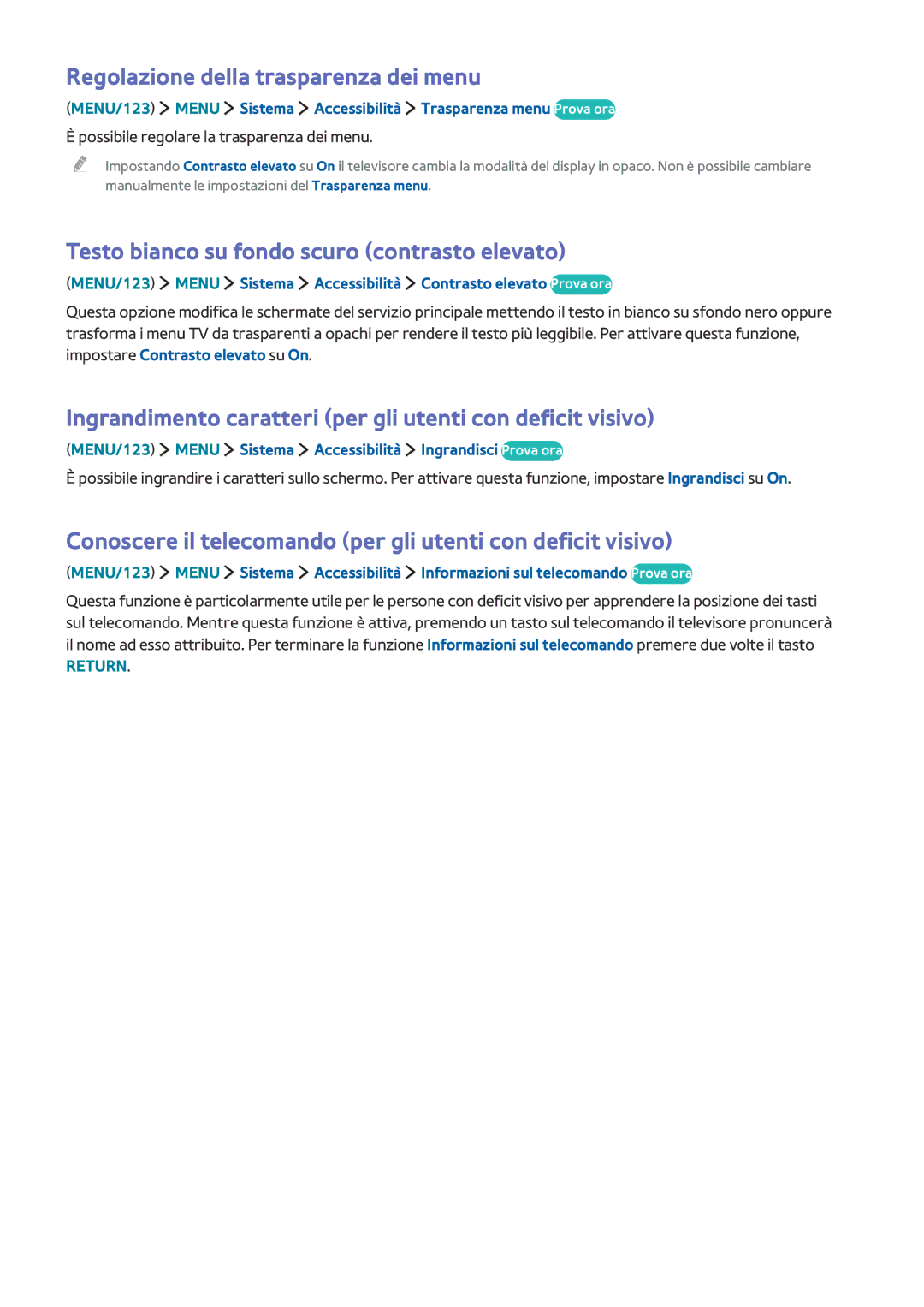 Samsung UE55JU6410UXZT manual Regolazione della trasparenza dei menu, Testo bianco su fondo scuro contrasto elevato 