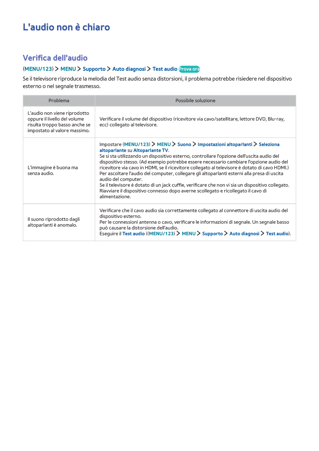 Samsung UE40JU6410SXXN Laudio non è chiaro, Verifica dellaudio, MENU/123 Menu Supporto Auto diagnosi Test audio Prova ora 