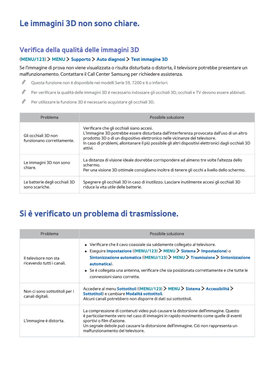 Samsung UE48JU6445WXXN, UE55JU6400WXXH manual Le immagini 3D non sono chiare, Si è verificato un problema di trasmissione 