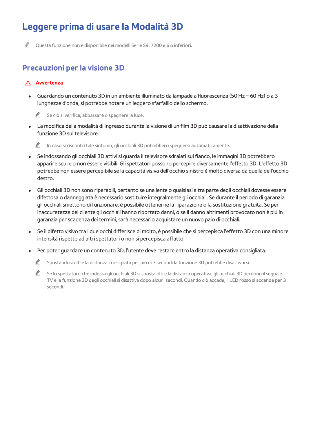 Samsung UE65JU7500LXXH, UE55JU6400WXXH, UE50JU6800WXXH Leggere prima di usare la Modalità 3D, Precauzioni per la visione 3D 