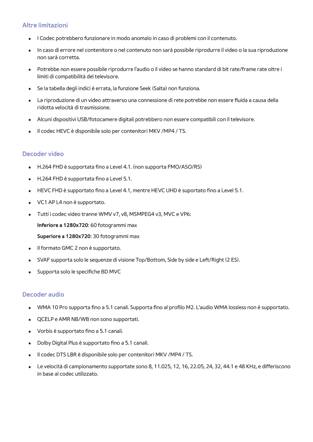 Samsung UE60JU6850UXZG, UE55JU6400WXXH, UE50JU6800WXXH, UE65JU7500LXXH manual Altre limitazioni, Decoder video, Decoder audio 