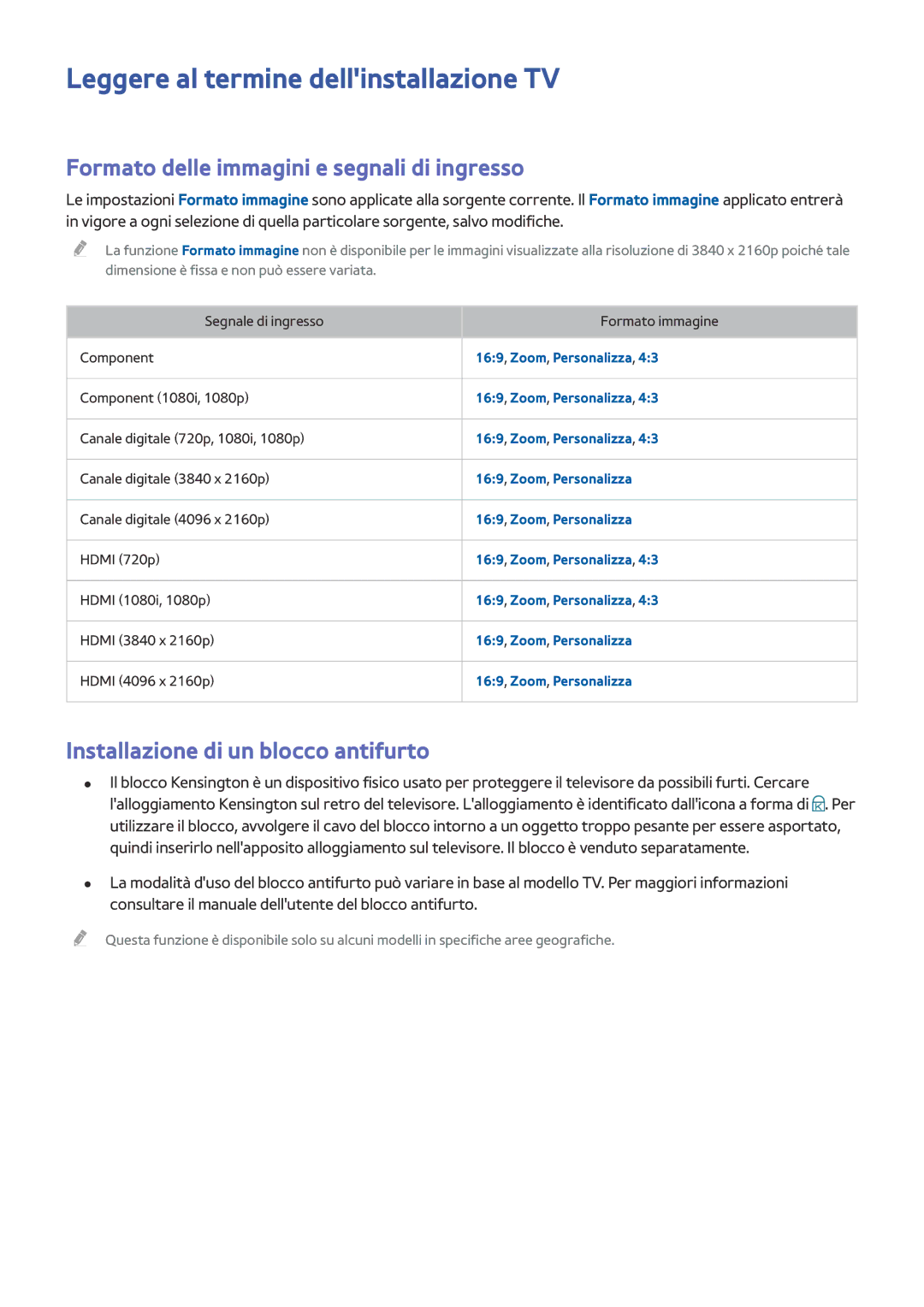 Samsung UE48JU6050UXZG manual Leggere al termine dellinstallazione TV, Formato delle immagini e segnali di ingresso 