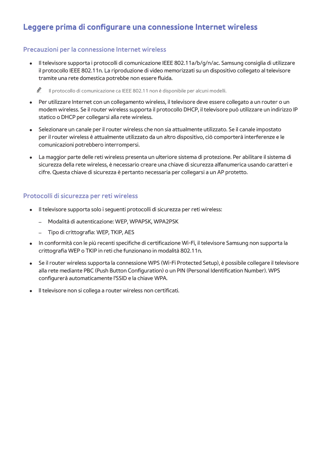 Samsung UE55JU6872UXXH manual Precauzioni per la connessione Internet wireless, Protocolli di sicurezza per reti wireless 