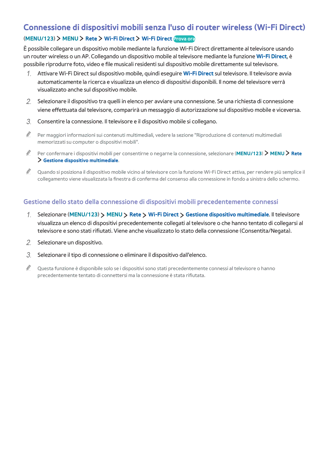 Samsung UE40JU6445WXXN manual MENU/123 Menu Rete Wi-Fi Direct Wi-Fi Direct Prova ora, Gestione dispositivo multimediale 