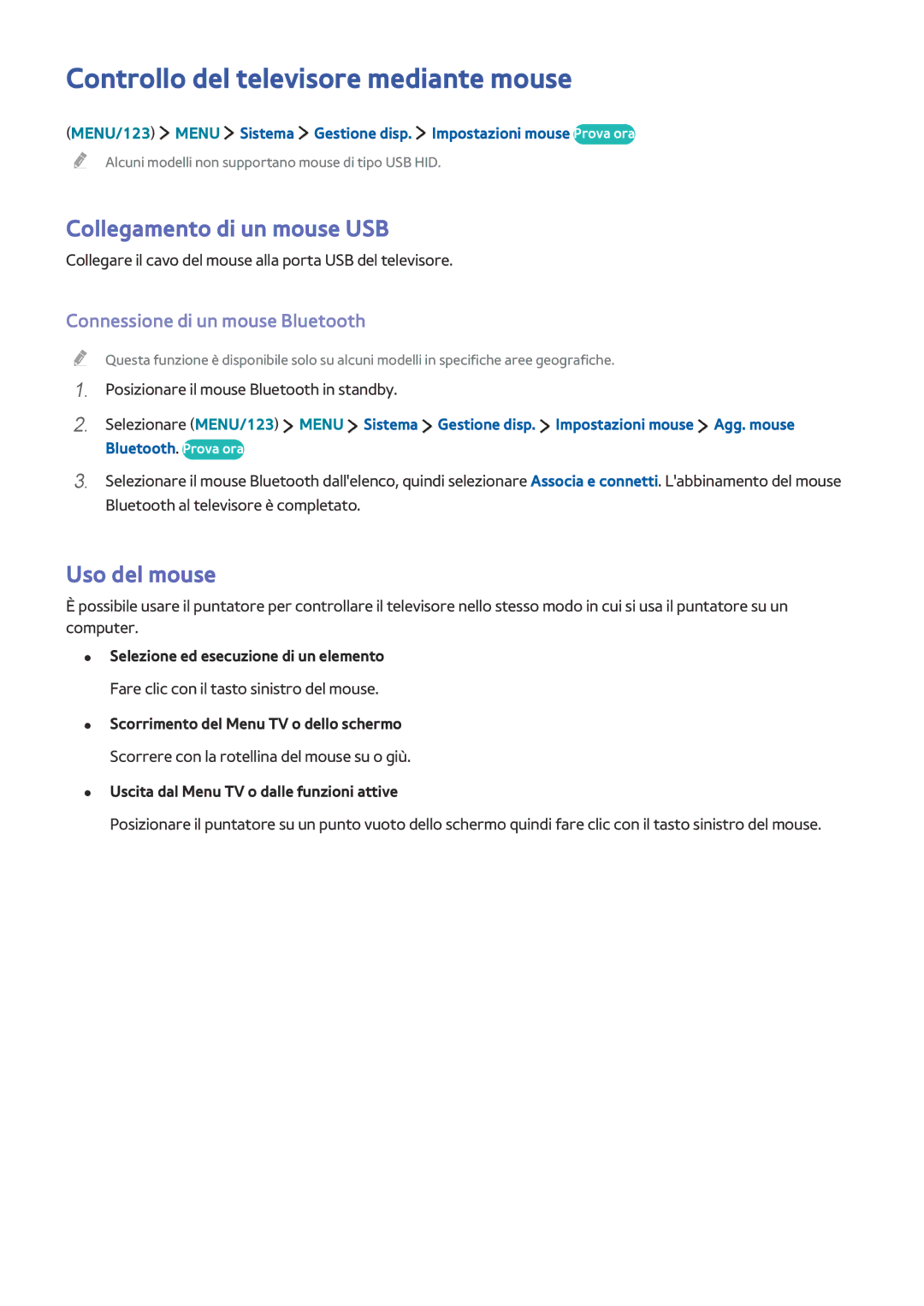 Samsung UE40JU6510UXZT manual Controllo del televisore mediante mouse, Collegamento di un mouse USB, Uso del mouse 